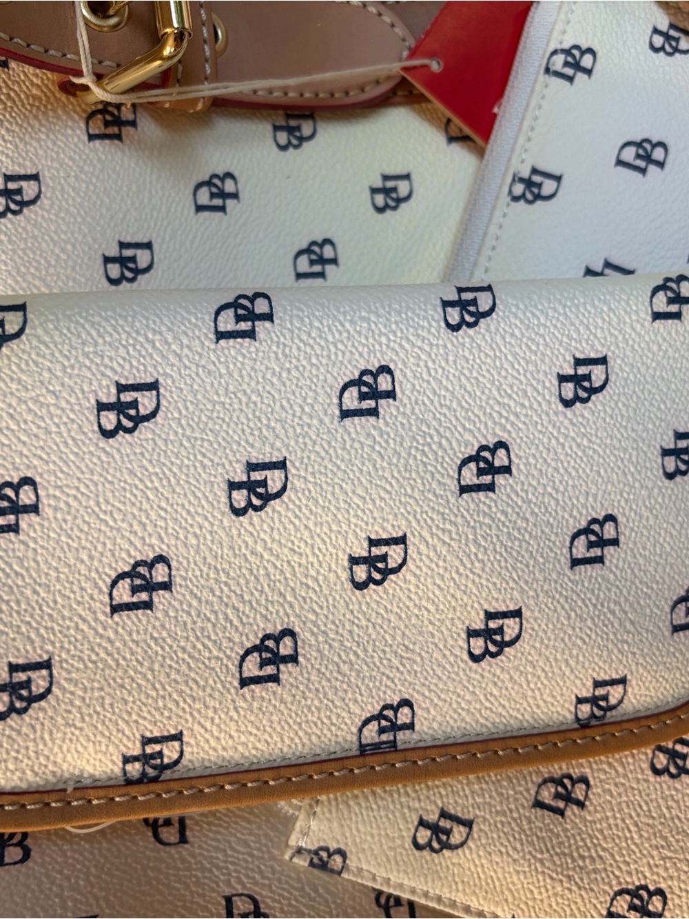 Dooney & Bourke Monogram Satchel with Tan Trim and Navy Logos - Picture 6 of 11
